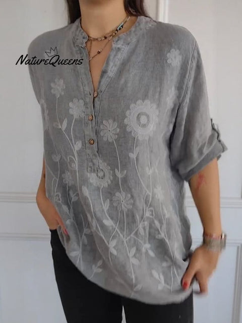 Women's Art Print Casual Cotton And Linen Henry Collar Shirt