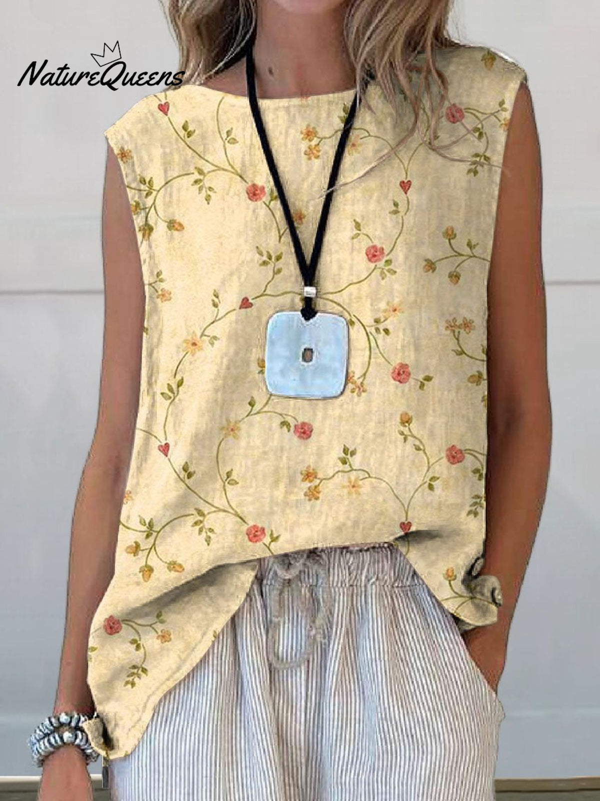 Women’s Retro Elegant Floral Art Print Casual Cotton And Linen Tank Top Multicolor / S