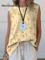 Women’s Retro Elegant Floral Art Print Casual Cotton And Linen Tank Top Multicolor / S