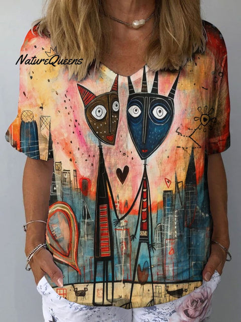 Women's Romantic Heart Shape Abstract Art Print Casual Cotton And Linen Shirt