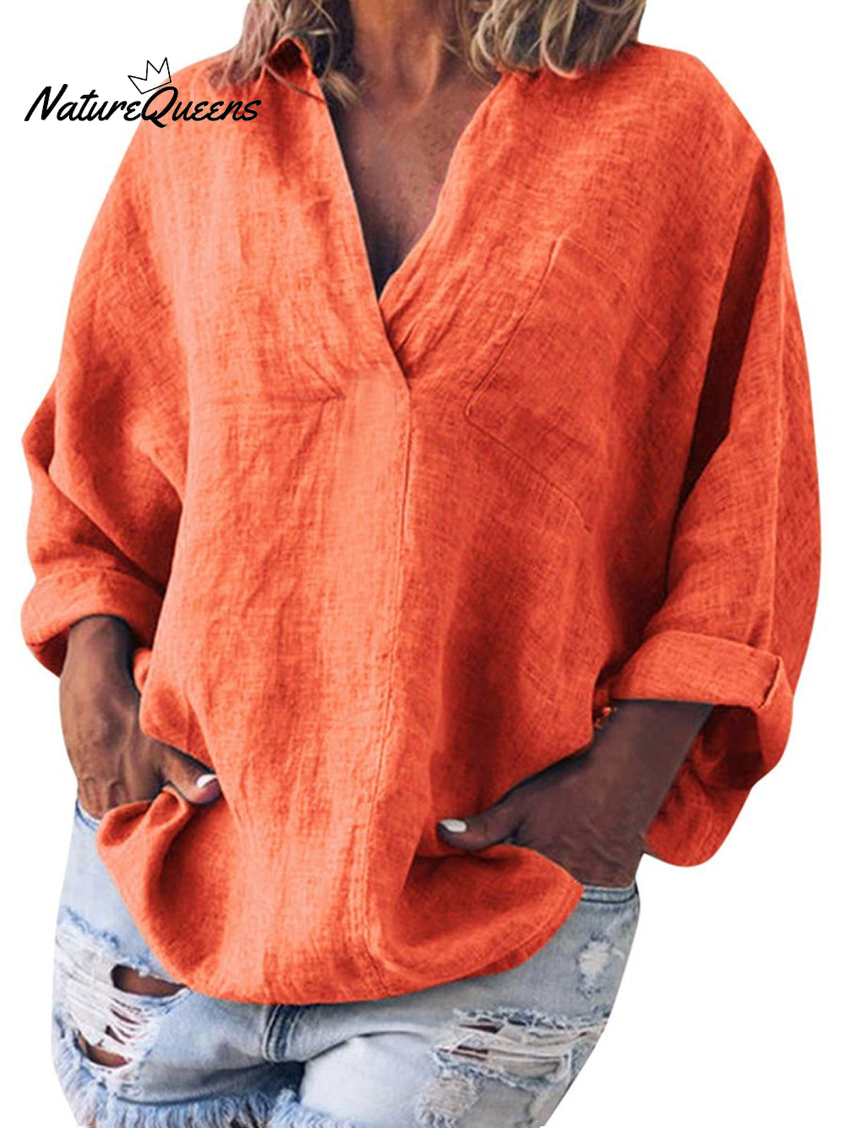 Women's Solid Color Cotton And Linen V-Neck Long Sleeve Blouse