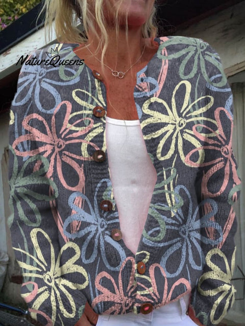 Simple Hand-painted Flower Decorative Pattern Buttoned Cardigan Sweater