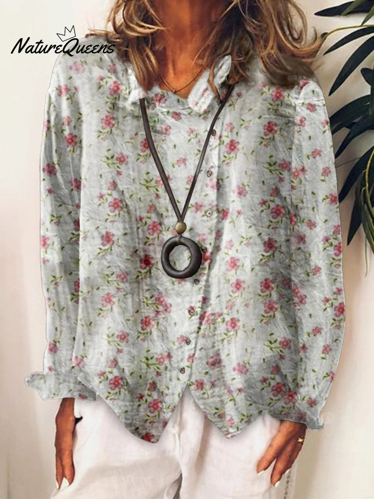 Women’s Flower Art Print Cotton & Linen Casual Long Shirt Multicolor / S