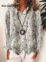 Women’s Flower Art Print Cotton & Linen Casual Long Shirt Multicolor / S