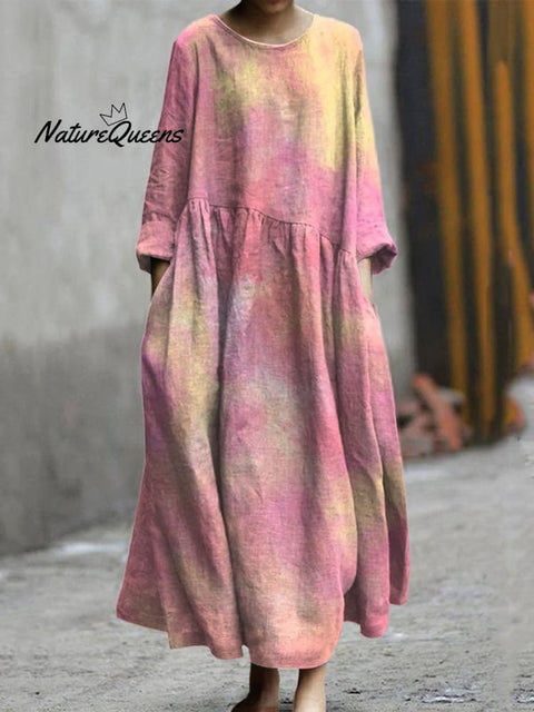 Pink and Yellow Gradient Decorative Pattern Pocket Cotton Dress