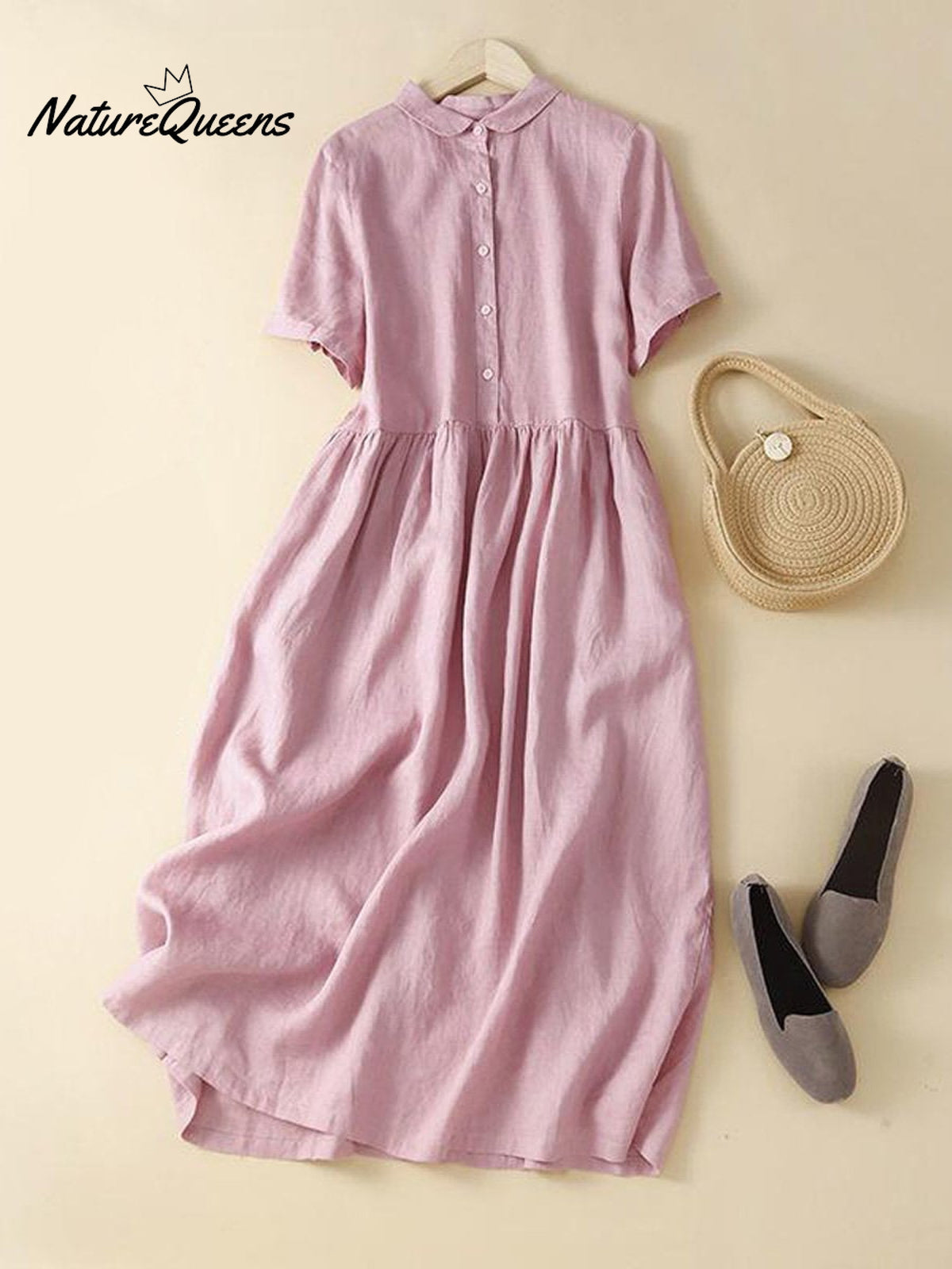 Women’s Cotton And Linen Short Sleeve Solid Color Casual Shirt Dress Pink / S