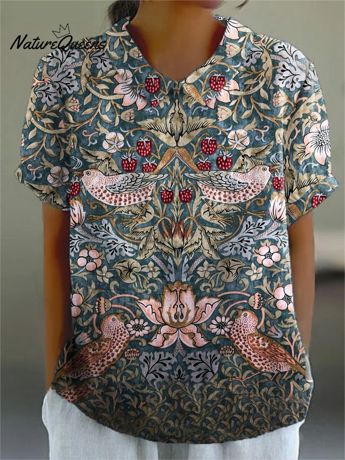 Women’s Flower Art Print Casual Cotton And Linen Shirt Multicolor / S