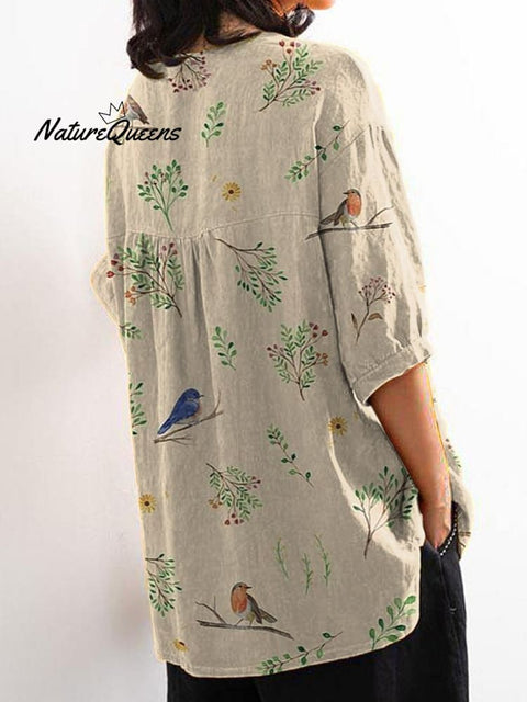 Boughs And Robin Birds Pattern Printed Women's Casual Cotton And Linen Shirt