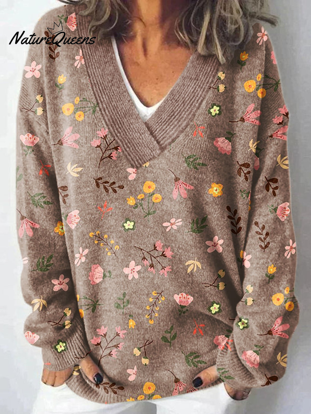 Flower Art Print Knit V-neck Pullover Sweater
