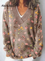 Flower Art Print Knit V-neck Pullover Sweater