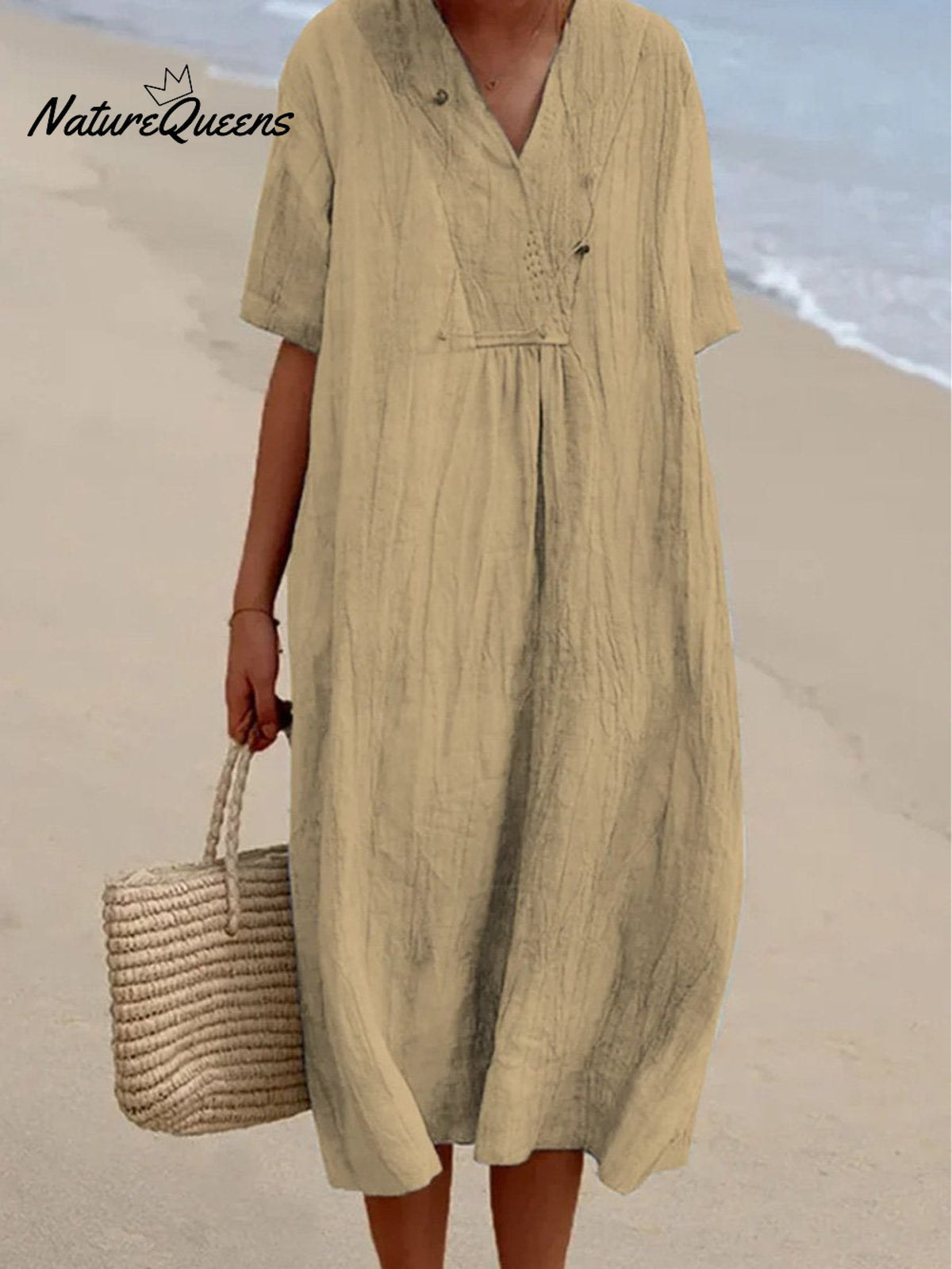 Women’s Solid Color Cotton And Linen Short Sleeve Dress Khaki / S