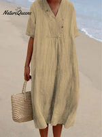 Women’s Solid Color Cotton And Linen Short Sleeve Dress Khaki / S