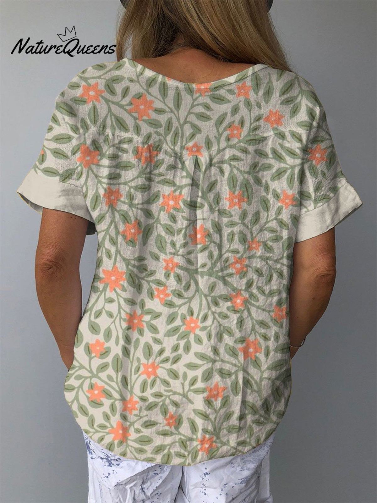 Women’s Lovely Cute Flowers Art Print Casual Cotton And Linen Shirt