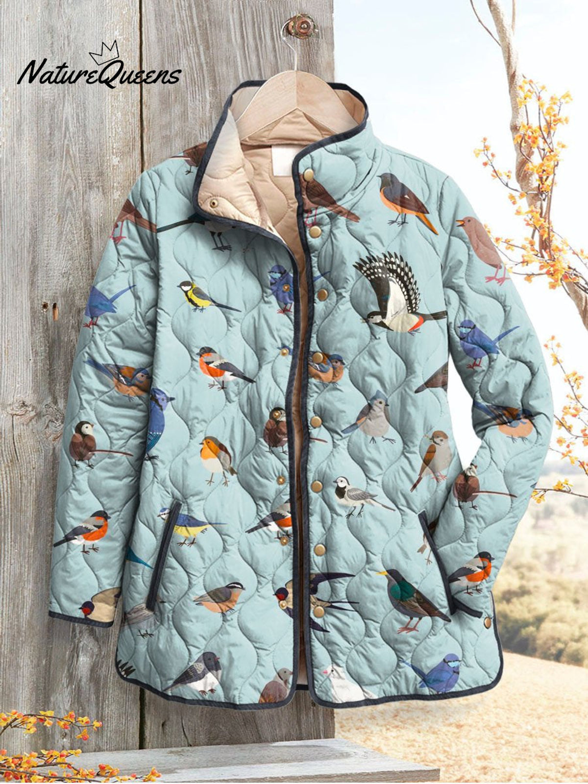 Women's Lovely Birds Art Print Casual Quilted Cardigan