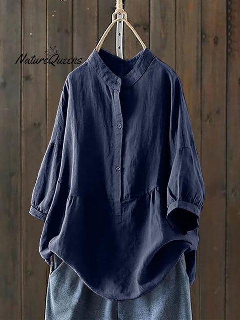 Women's Single Breasted Solid Color Pullover Casual Loose Cotton And Linen Shirt