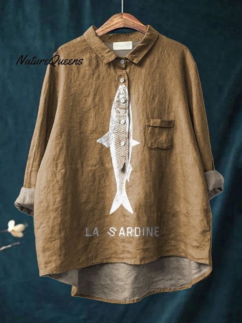 Sardine Fish Graphic Printed Women's Casual Cotton And Linen Shirt