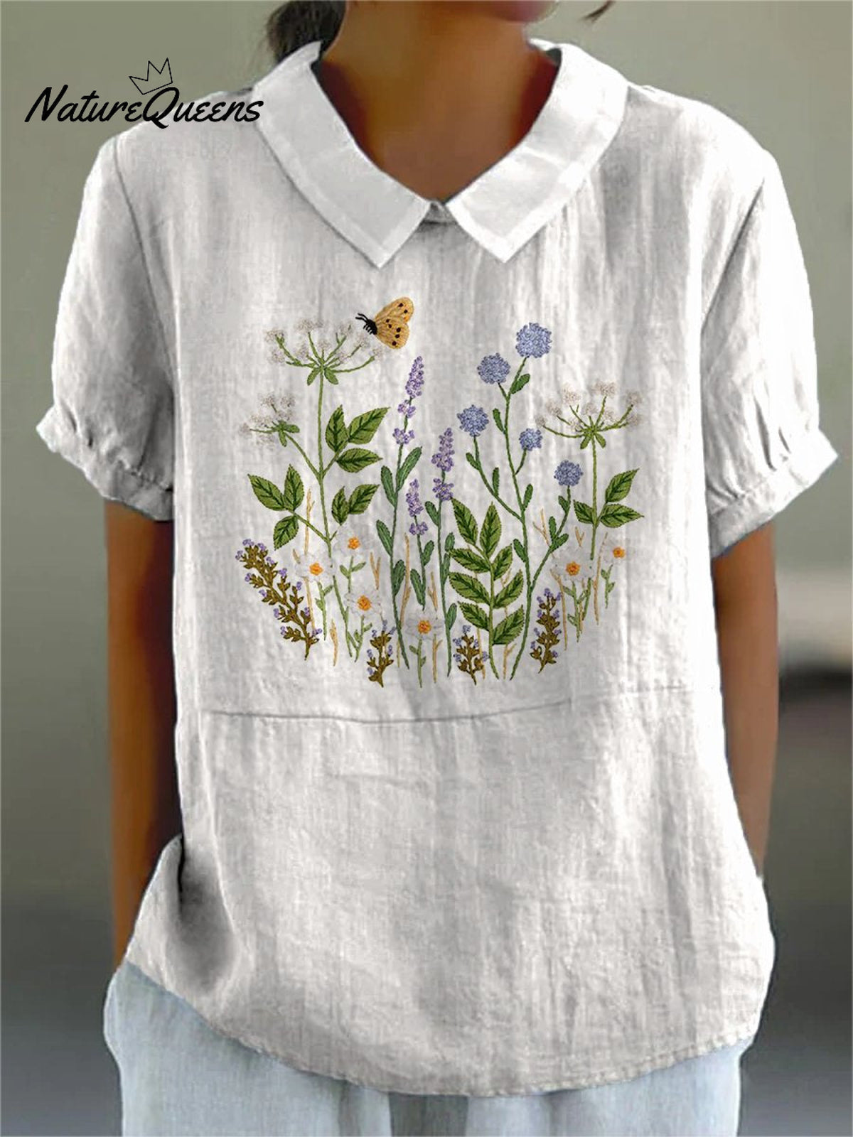 Embroidery Style Floral Bush Pattern Printed Women’s Casual Cotton And Linen Shirt White / S