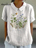 Embroidery Style Floral Bush Pattern Printed Women’s Casual Cotton And Linen Shirt White / S