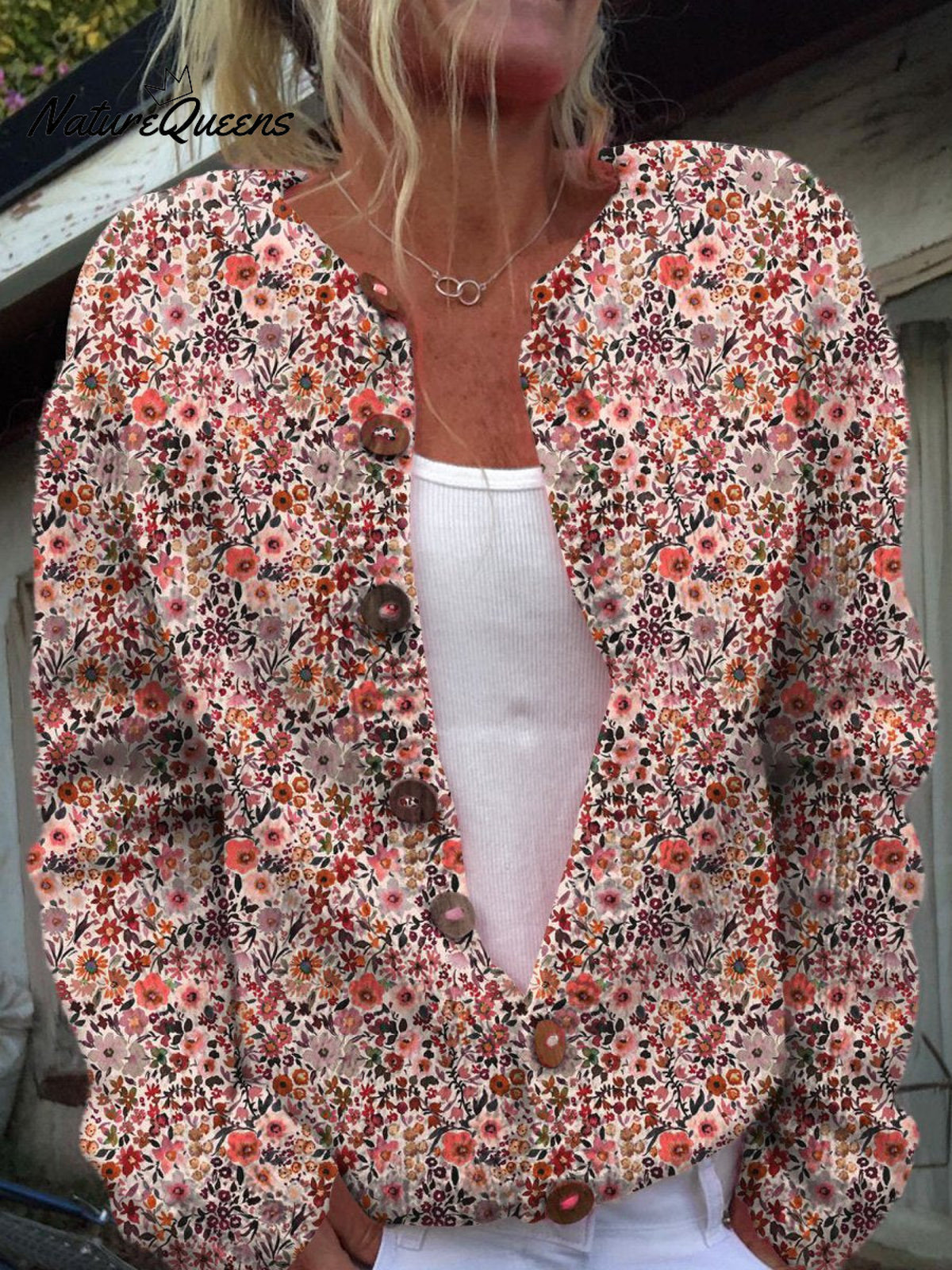 Autumn Color Floral Pattern Printed Buttoned Cardigan Sweater