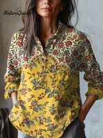 Women's Floral ArtPrint Casual Cotton And Linen Shirt