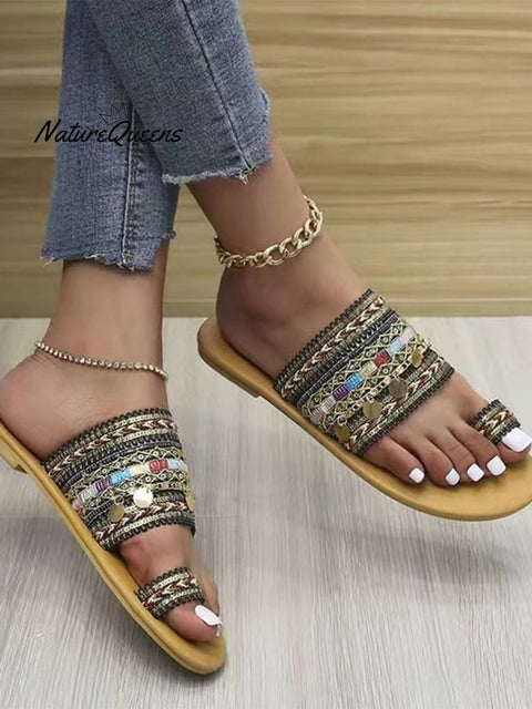 Women’s Set - Toe Bohemian Ethnic Slippers Black / 36