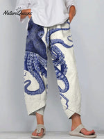 Women's Vintage Deep Sea Octopus Tentacles Art Printed Cotton And Linen Casual Pants