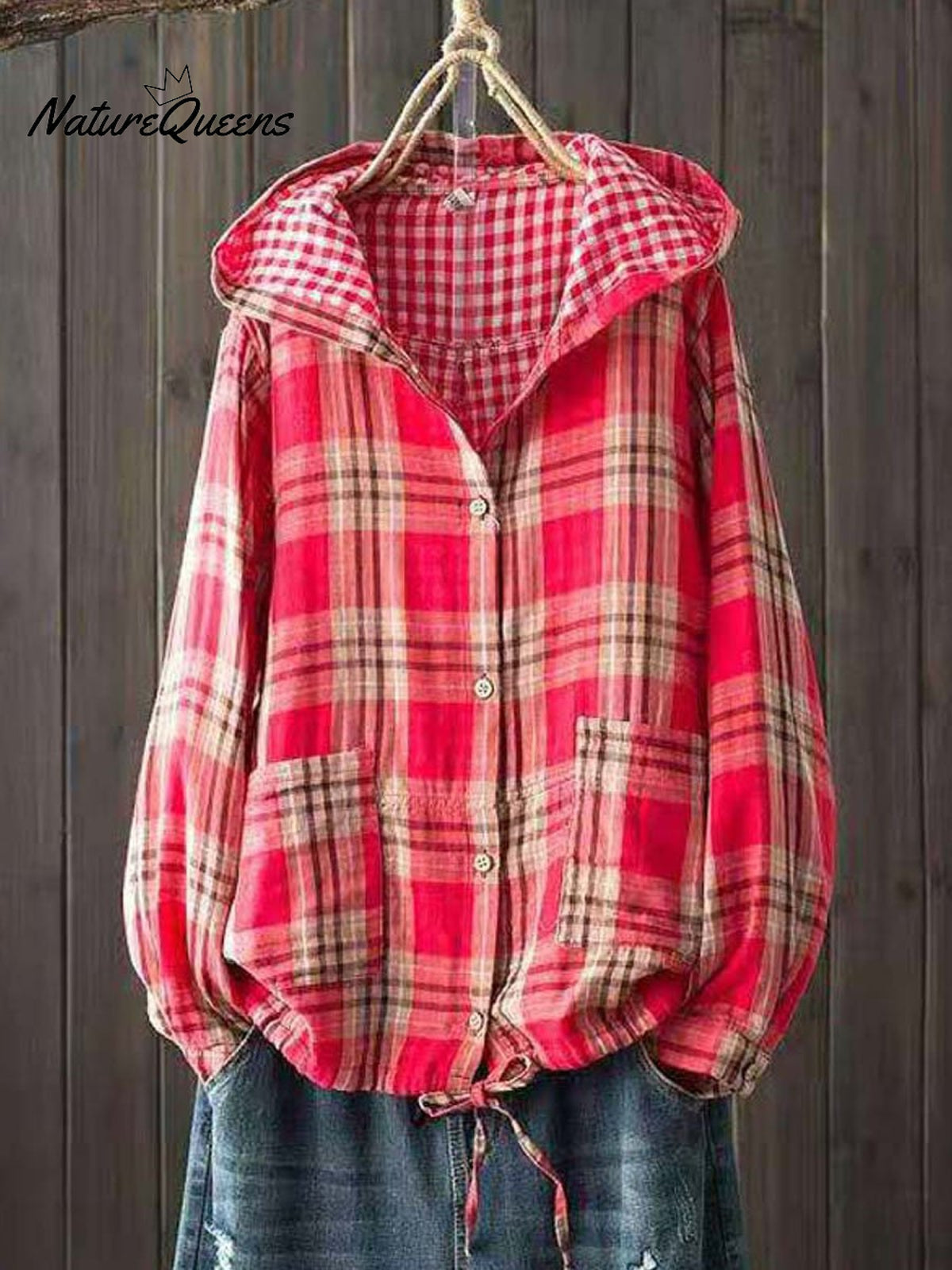 Women's Stylish Casual Hooded Double Layer Cotton Plaid Shirt