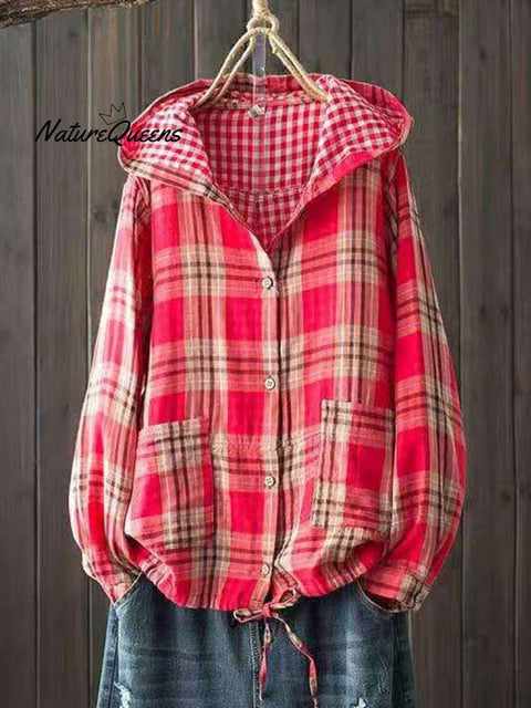 Women's Stylish Casual Hooded Double Layer Cotton Plaid Shirt