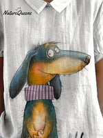 Women's Vintage Lovely Dog Art Print Casual Cotton And Linen Shirt