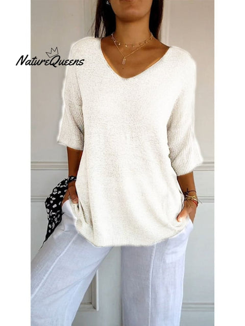 Women’s Solid Color Knitted 3/4 Sleeve V - Neck Top White / S