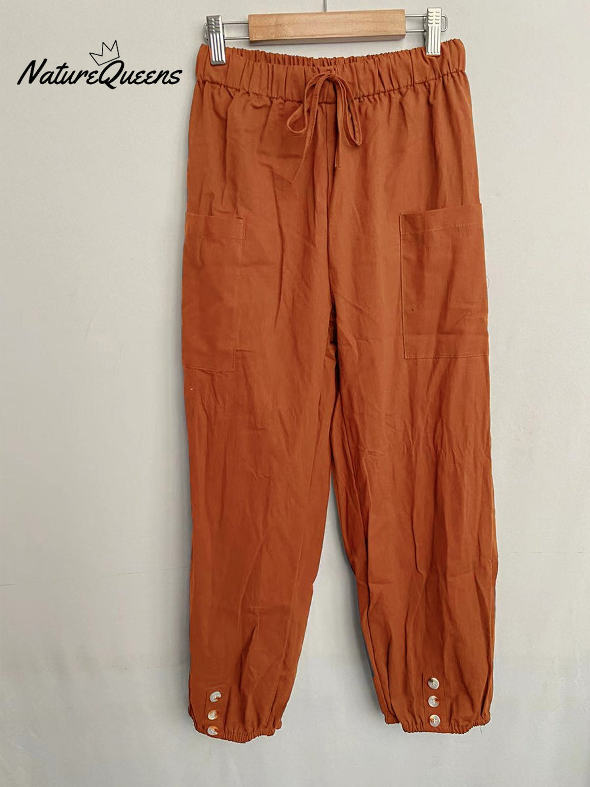 High - Waisted Buttoned Cotton And Linen Pants Cropped Orange / S