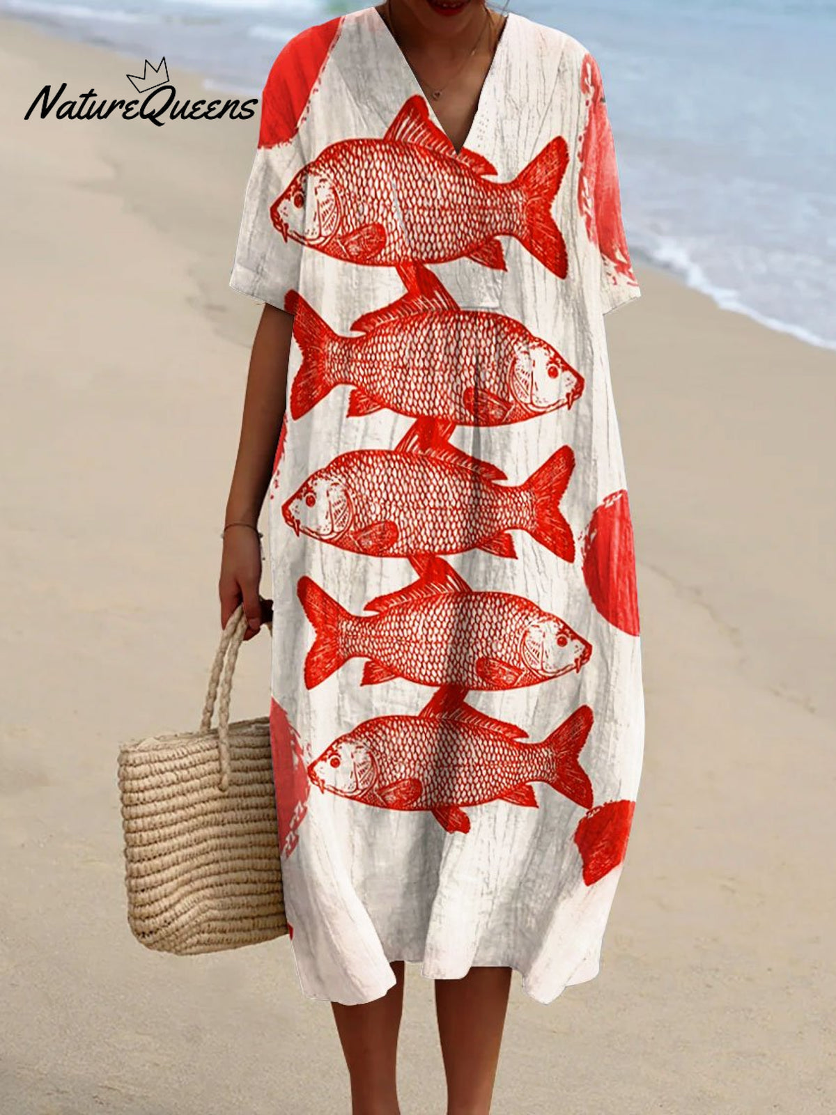 Women's Vintage Fish Art Print Flowy Dress
