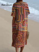 Women's Hand Drawn Colorful Geometric Line Print Flowing Dress