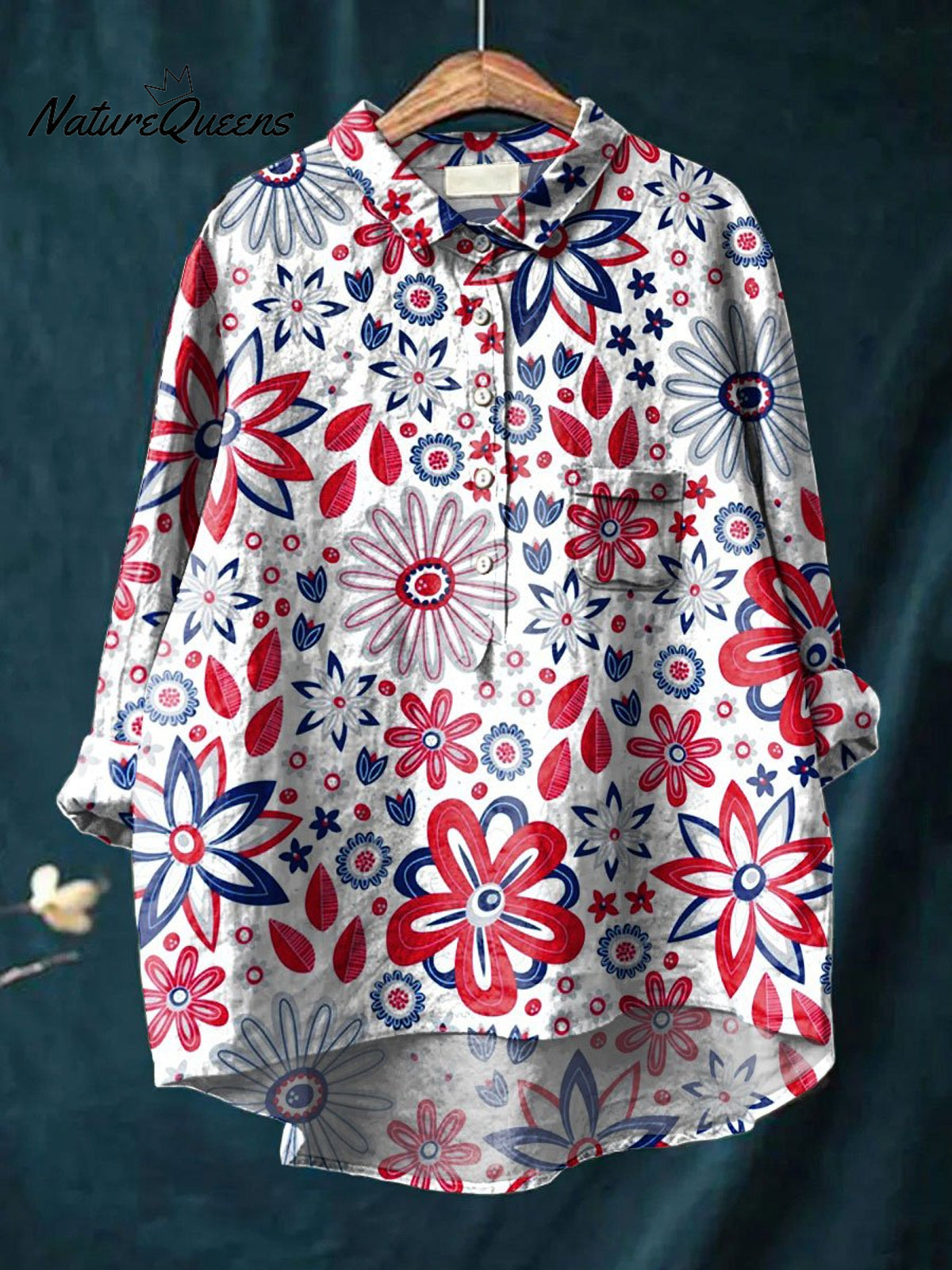 Women's Patriotic American Flag Floral Art Print Casual Cotton And Linen Shirt