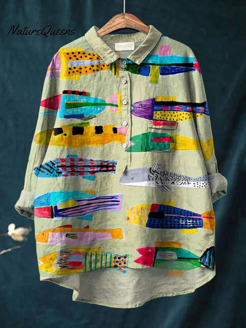 Fish Printed Women's Casual Cotton And Linen Shirt