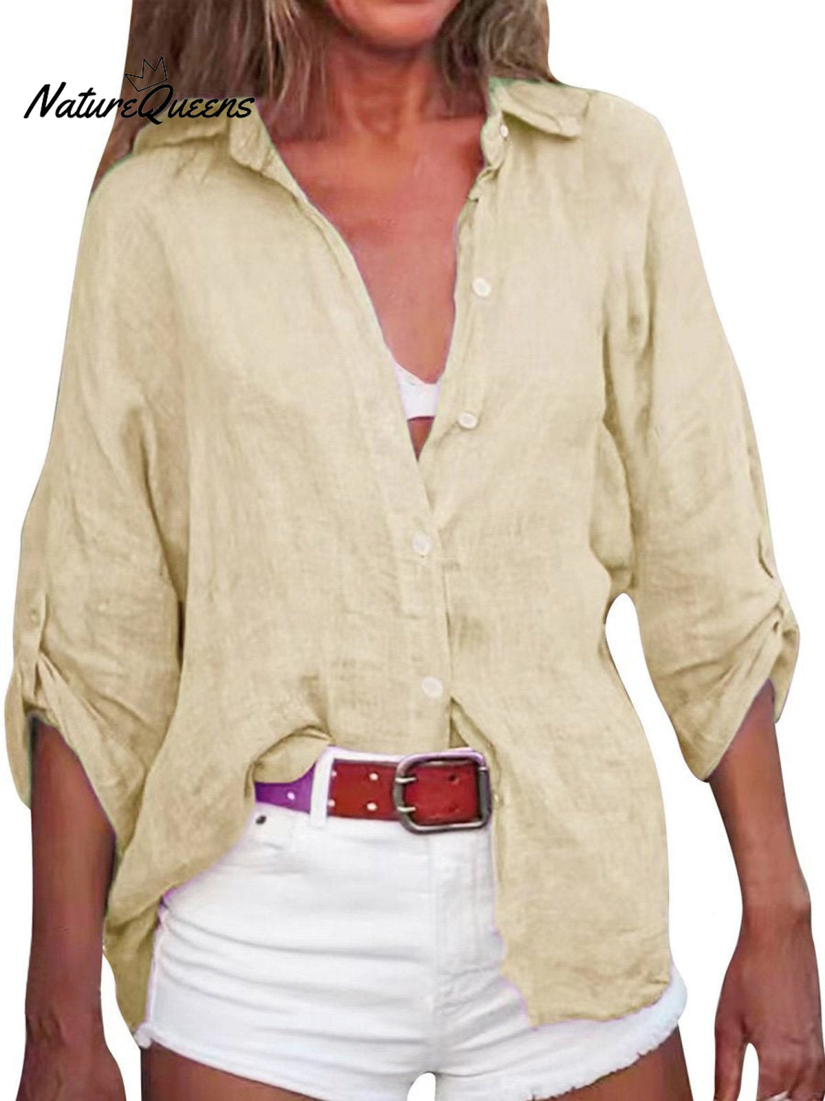 Women’s Solid Color Cotton And Linen Loose Fit Shirt Khaki / S
