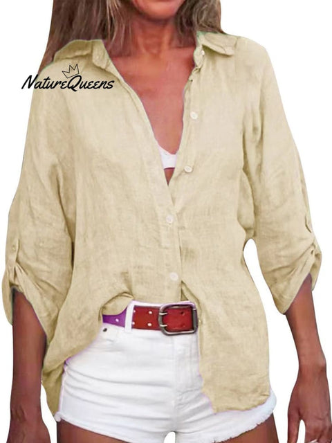 Women’s Solid Color Cotton And Linen Loose Fit Shirt Khaki / S