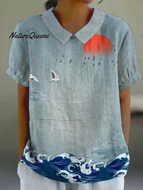 Women's Art Print Casual Cotton And Linen Shirt