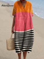 Women's Warm Color-block Ripples Watercolor Splash Fluid Art Print Flowy Dress