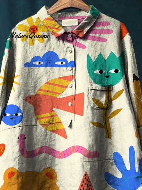Lovely Cartoon Character Pattern Printed Women's Casual Cotton And Linen Shirt