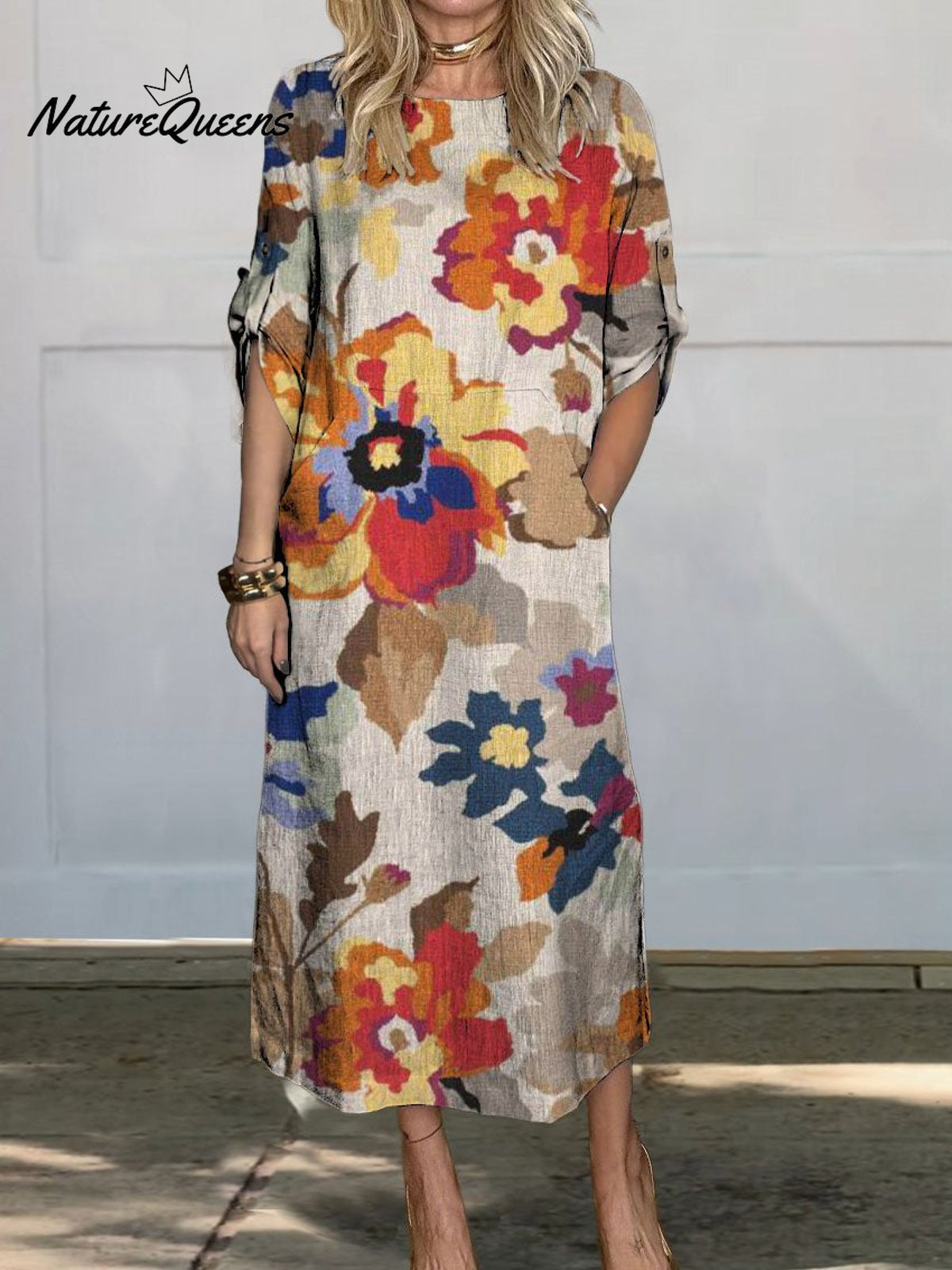 Women’s Flowers Art Print Comfortable Linen Pocket Dress Multicolor / S