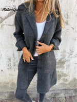 Women's Solid Color Lapel Cardigan with Pockets Single Breasted Mid-Length Jacket