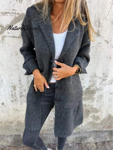 Women's Solid Color Lapel Cardigan with Pockets Single Breasted Mid-Length Jacket