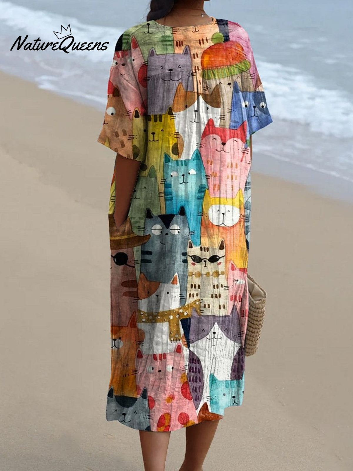 Watercolor Cute Cats Repeat Pattern Printed Women's Flowy Dress