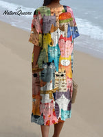 Watercolor Cute Cats Repeat Pattern Printed Women's Flowy Dress