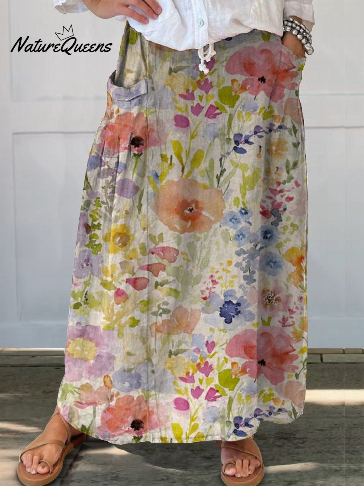 Women’s Lovely Watercolor Floral Art Print Casual Linen Pocket Skirt Multicolor / S