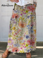 Women’s Lovely Watercolor Floral Art Print Casual Linen Pocket Skirt Multicolor / S