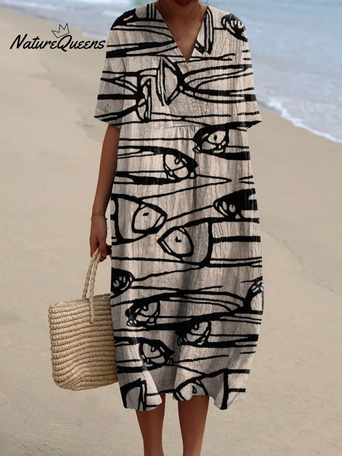 Women's Vintage Lovely Fish Art Print Flowy Dress