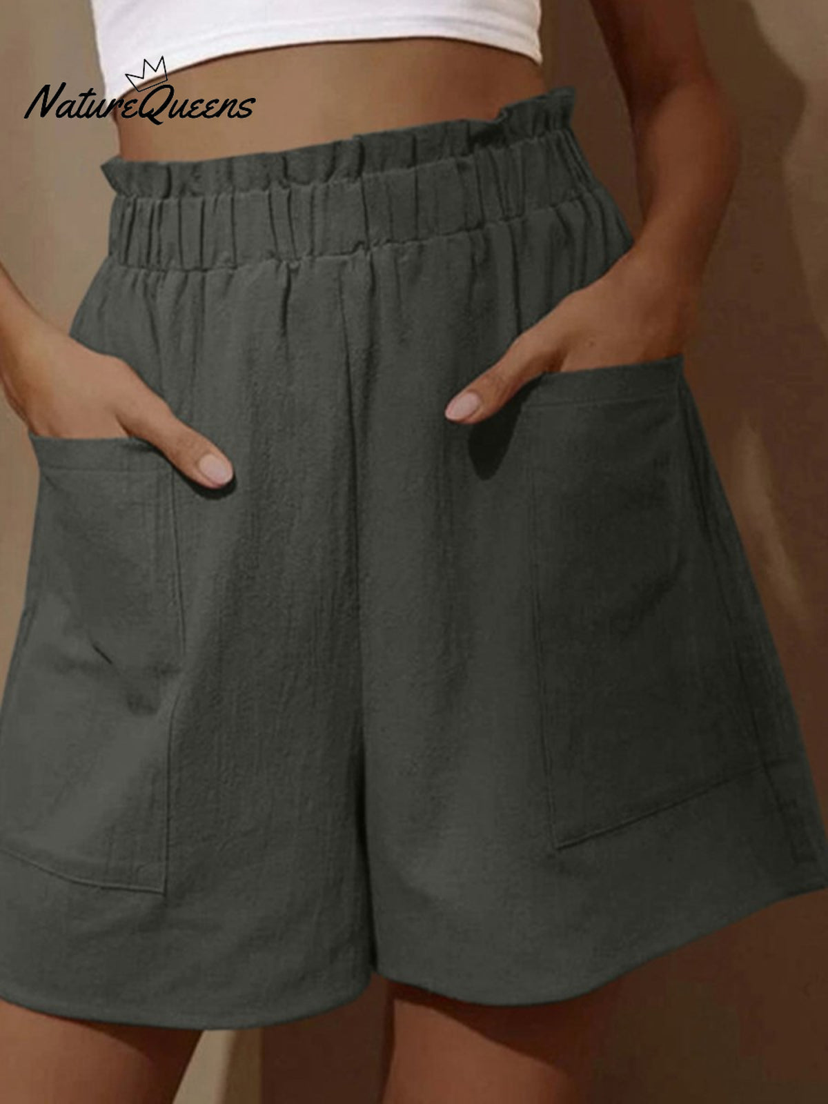 Cotton And Linen Wear High - Waisted Shorts With Buds Gray / S