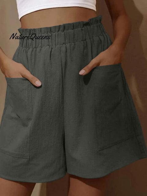 Cotton And Linen Wear High - Waisted Shorts With Buds Gray / S